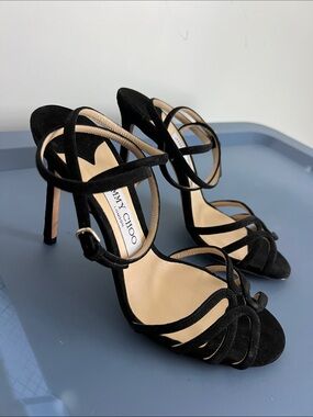 Jimmy Choo mimi 100 black suede leather open toe sandals heels wrap around ankle